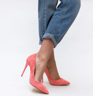 Pantofi eleganti stiletto de dama Antiqua Roz din piele eco intoarsa cu toc subtire inalt de 11cm