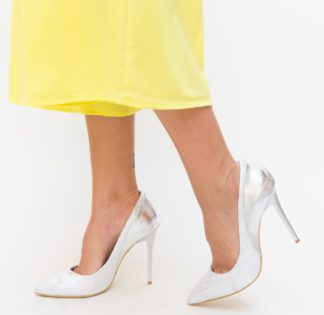 Pantofi eleganti de seara argintii stiletto cu toc de 11cm realizati din piele eco Camilla