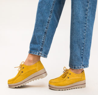 Pantofi casual galbeni trendy din piele naturala cu talpa foarte groasa Almond