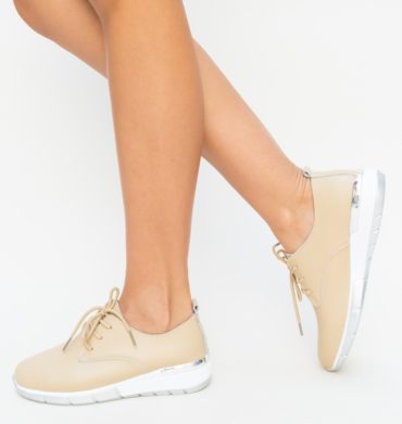 Pantofi casual trendy bej din piele naturala cu platforma mica de 4cm Barend