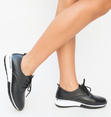 Pantofi casual trendy negri din piele naturala cu platforma mica de 4cm Barend