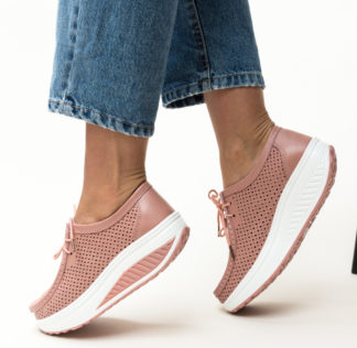 Pantofi de zi roz ieftini fara toc din piele naturala perforata cu sireturi Blanken