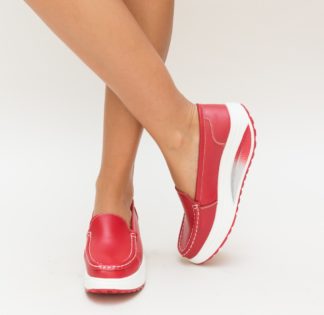Pantofi dama slip-on ieftini rosii din piele naturala cu talpa groasa Drigo
