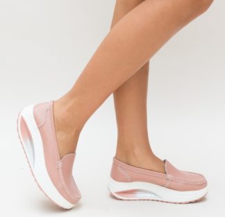 Pantofi dama slip-on ieftini roz din piele naturala cu talpa groasa Drigo