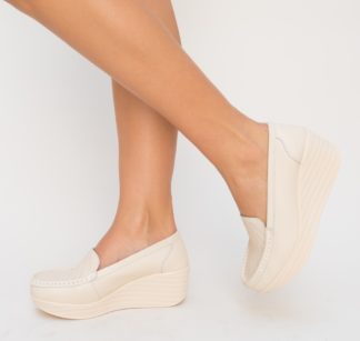 Pantofi de primavara casual bej cu platforma realizati din piele naturala Ely