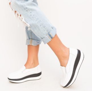 Pantofi albi slip-on casual ieftini cu platforma de 5cm din piele naturala Ember