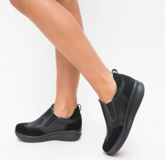 Pantofi slip-on negri casual cu talpa comoda realizati din piele naturala premium Forst