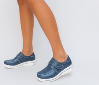 Pantofi albastri de piele naturala cu talpa groasa si inchidere cu scai Iron