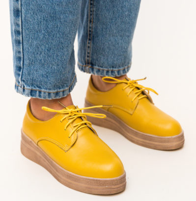 Pantofi casual galbeni din piele naturala cu talpa groasa de 4cm Irving
