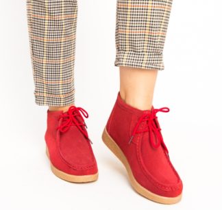 Pantofi de toamna rosii casual de piele intoarsa naturala cu interior imblanit Melta