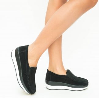 Pantofi ieftini casual negri comozi cu croi slip-on din piele naturala Olga
