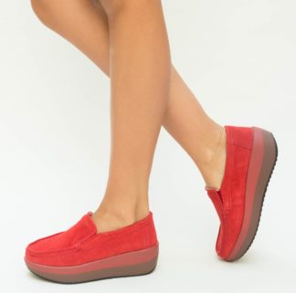 Pantofi ieftini casual rosii comozi cu croi slip-on din piele naturala Olga