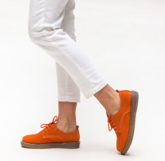 Pantofi casual fara toc portocalii la reducere din piele naturala cu sireturi Romena