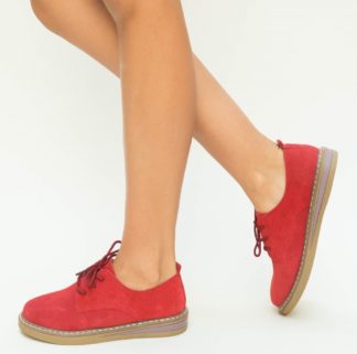 Pantofi casual fara toc rosii la reducere din piele naturala cu sireturi Romena