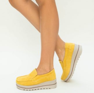 Pantofi la reducere casual galbeni cu platforma din piele naturala Smirno