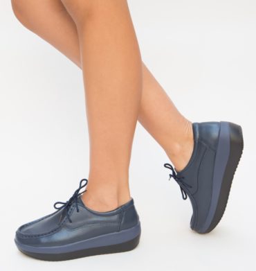 Pantofi casual de piele naturala bleumarin cu sireturi si platforma de 4.5 cm Vlasta