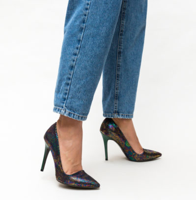 Pantofi de seara holografici verzi cu toc stiletto si varf ascutit Catherine