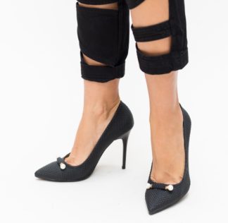 Pantofi de ocazie negri fashion cu toc de 10cm accesorizati cu perlute Delia