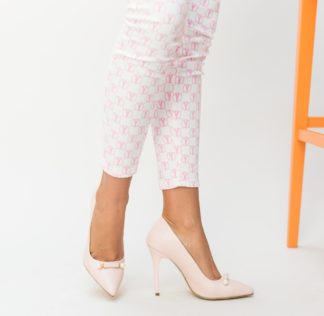 Pantofi de seara roz fashion cu toc de 10cm accesorizati cu perlute Delia