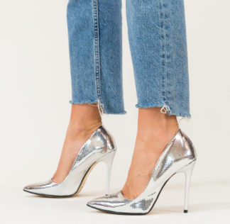 Pantofi fashion argintii stiletto cu toc de 10cm din piele eco lacuita Haribo