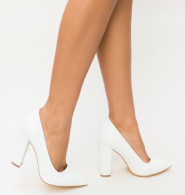 Pantofi trendy albi cu toc inalt realizati din imitatie de piele de reptila Merez
