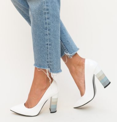 Pantofi eleganti albi de ocazie cu toc gros inalt de 10 cm Mosor