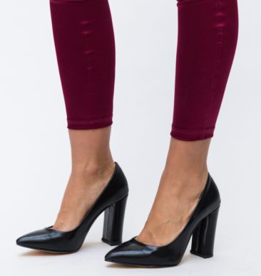 Pantofi dama trendy negri cu toc gros inalt de 10cm realizati din piele eco Nixon