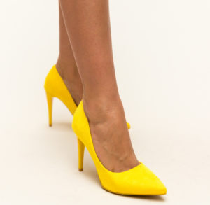 Pantofi eleganti galbeni 2 de dama Polon cu toc subtire inalt de 10cm fabricati din piele eco intoarsa