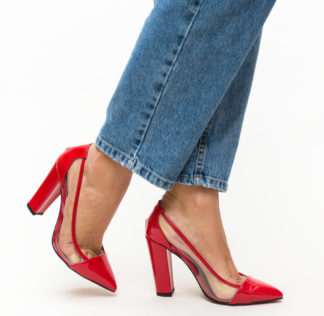 Pantofi de ocazie ieftini rosii cu toc gros inalt de 10cm si varf ascutit Seneha