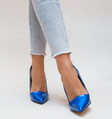 Pantofi eleganti albastri stiletto inalti de 11 cm din piele eco lacuita Sinclair