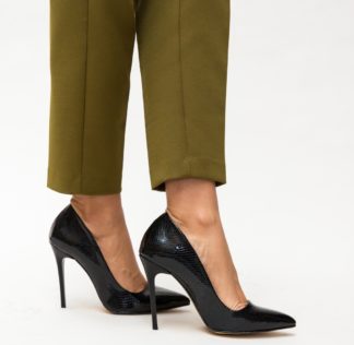 Pantofi eleganti negri stiletto inalti de 11 cm din piele eco lacuita Sinclair