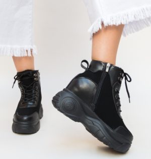 Pantofi negri Sport ieftini de dama Domosi cu talpa inalta tip platforma si interior imblanit