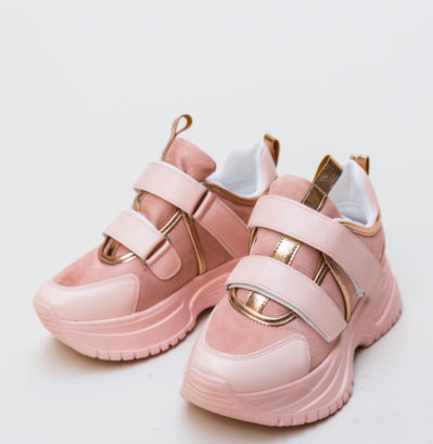 Pantofi dama ieftini roz sport cu talpa inalta si inchidere cu scai Janine