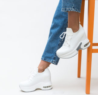 Pantofi Sport albi de primavara cu platforma inalta si inchidere cu sireturi Nette