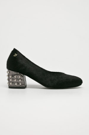 Pantofi de ocazie la moda negri Gioseppo Pumps din piele naturala cu toc gros gri stabil si aplicatii