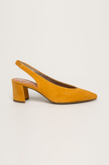 Pantofi fashion galben mustar cu toc gros mic de 6.5 cm si calcai expus Marco Tozzi