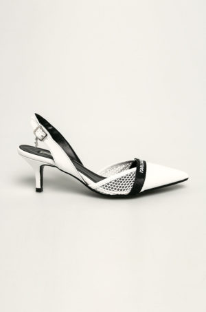 Pantofi albi stiletto Karl Lagerfeld model fashion din piele naturala cu catarama si toc de 6cm