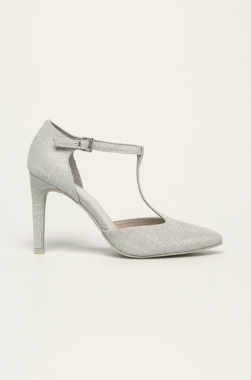 Pantofi eleganti cu glitter argintii cu bareta si toc de 9.5cm Marco Tozzi