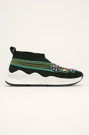 Pantofi negri originali Desigual sport de dama cu decoratii si platforma stabila inalta de 4.5cm