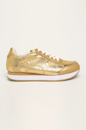 Pantofi sport aurii originali Desigual din piele intoarsa cu varf rotund model usor lucios cu siret