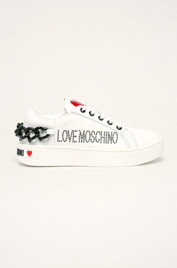 Pantofi sport Love Moschino albi cu negru comozi cu sireturi si talpa din guma
