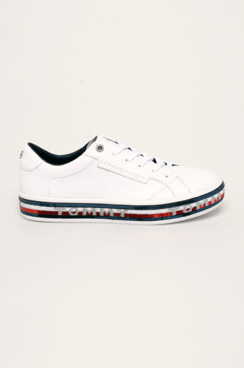 Pantofi de firma Tommy Hilfiger albi sport cu piele naturala si inchidere cu sireturi