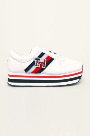 Pantofi de piele albi Tommy Hilfiger sport cu talpa antialunecare si calcai plat