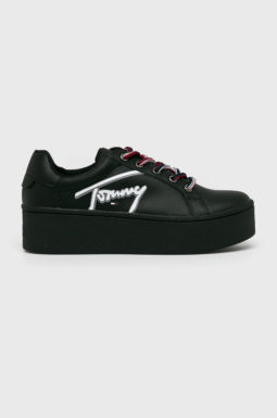 Pantofi de piele negri Tommy Jeans sport cu inchidere cu sireturi