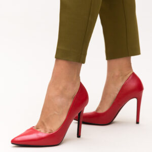 Pantofi rosii cocheti Abiha ieftini din piele ecologica cu toc ascutit tip cui inalt de 11cm