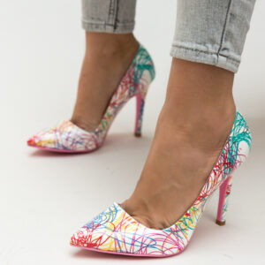 Pantofi trendy lacuiti Andreson albi cu roz cu textura multicolora si toc de 11cm