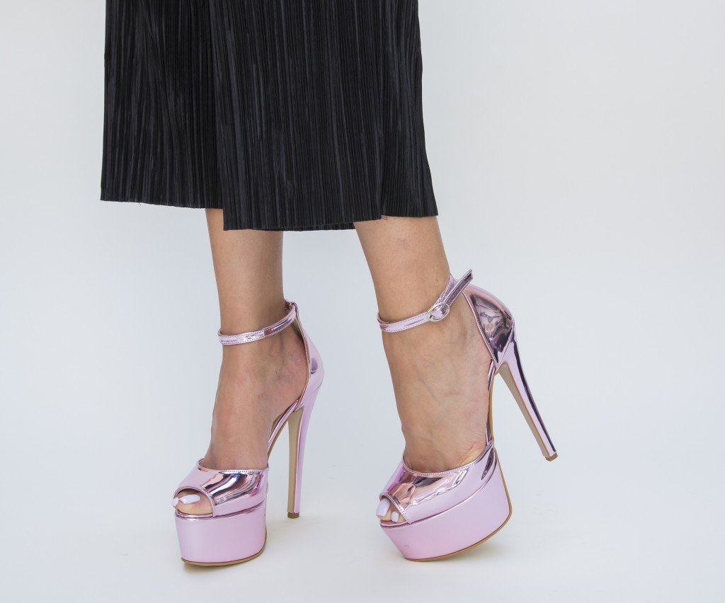 Pantofi peep-toe roz eleganti cu toc stiletto si bareta Biemo