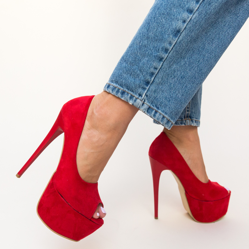 Pantofi de club peep-toe rosii stiletto cu platforma foarte inalta Brady