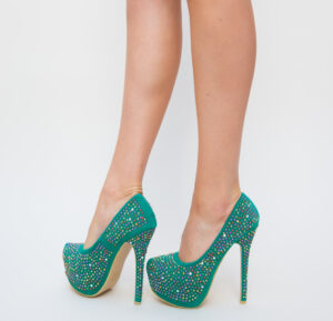 Pantofi ieftini de dama Coliv Verzi inalti cu platforma decorati cu buline