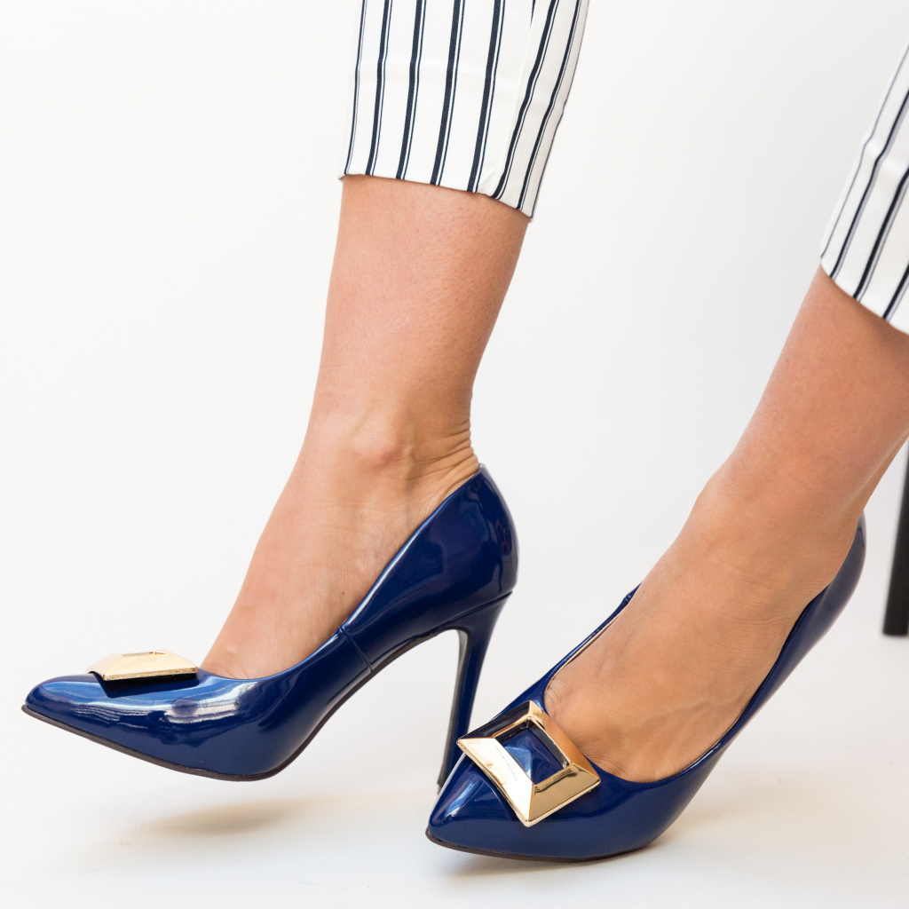 Pantofi de seara albastri eleganti cu toc stiletto de 10.5cm si aplicatie decorativa Combs